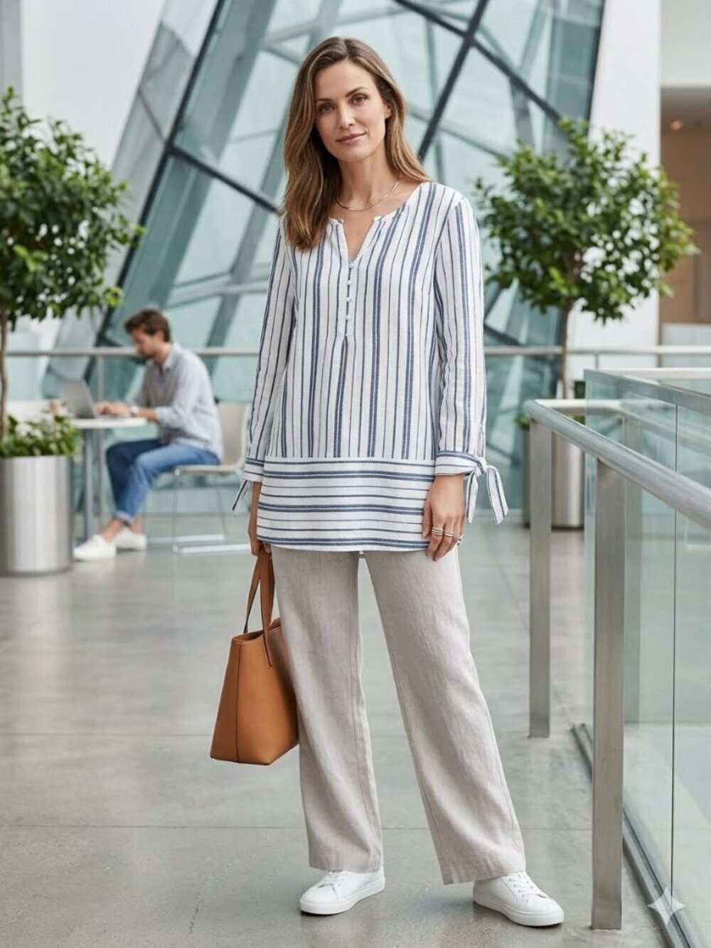 Liz Claiborne Women's Size XL Linen Blend Striped Button Split Sleeves Tunic Top
